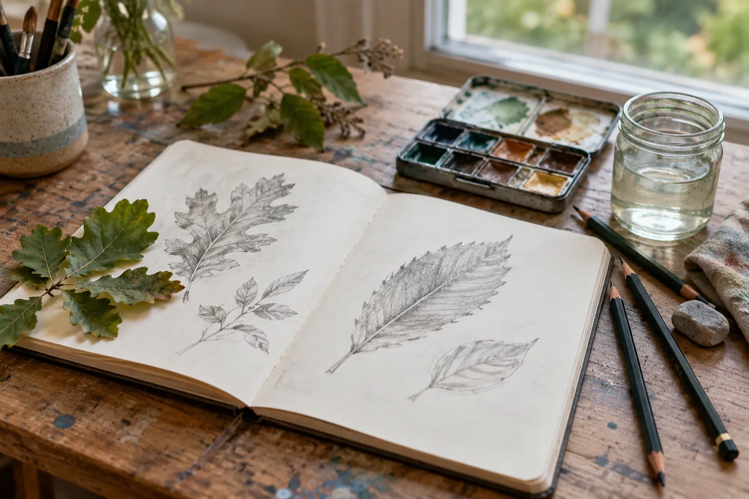 Illustration: A sketchbook of pencil leaf studies, brushes and a watercolor tin.