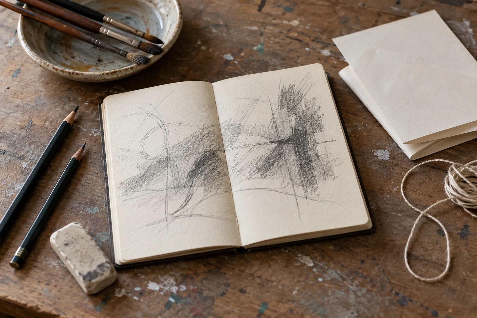 Illustration: A sketchbook, pencils, brushes and folded paper on a craft table.