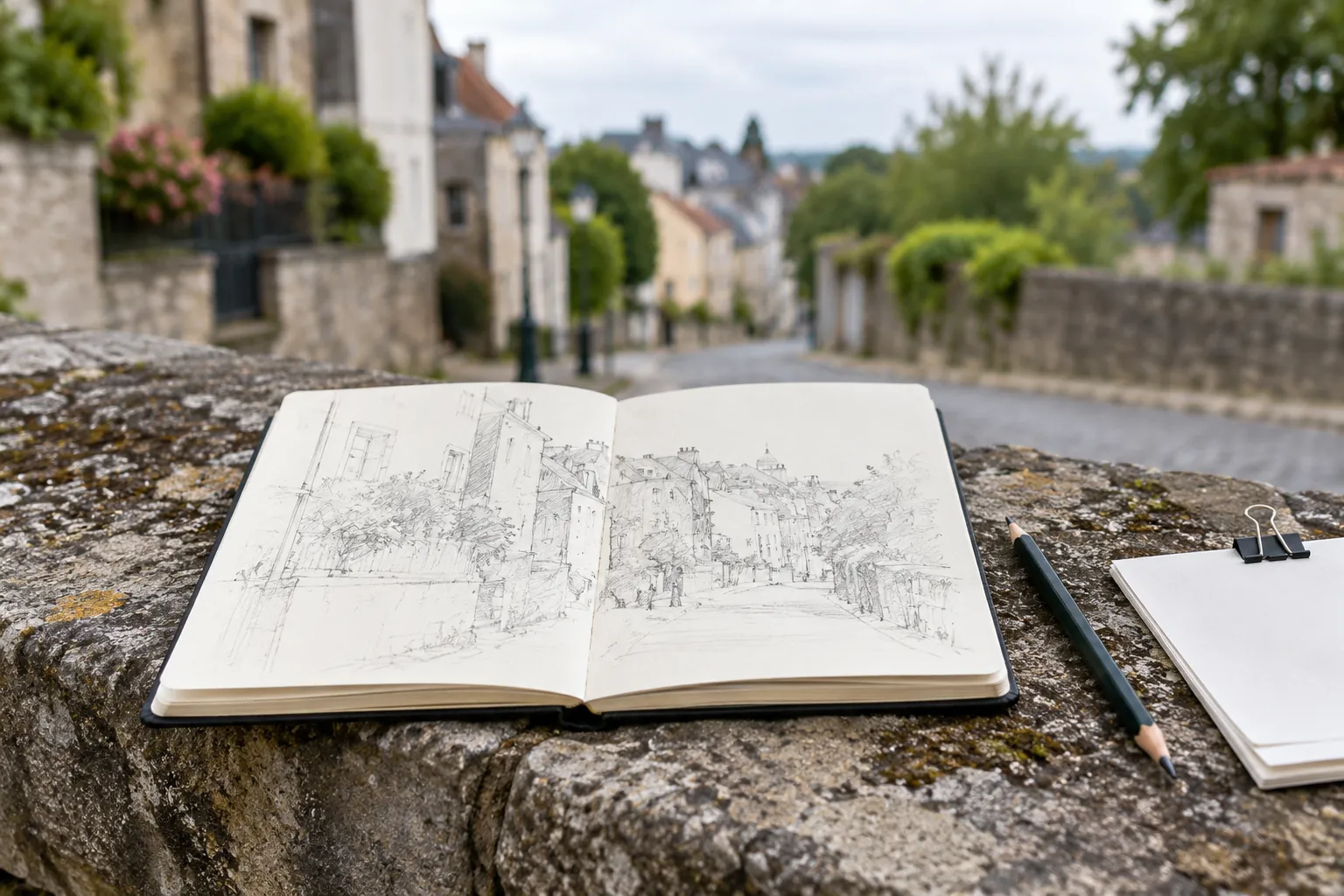 Illustration: A sketchbook and pencil resting on a low city wall.