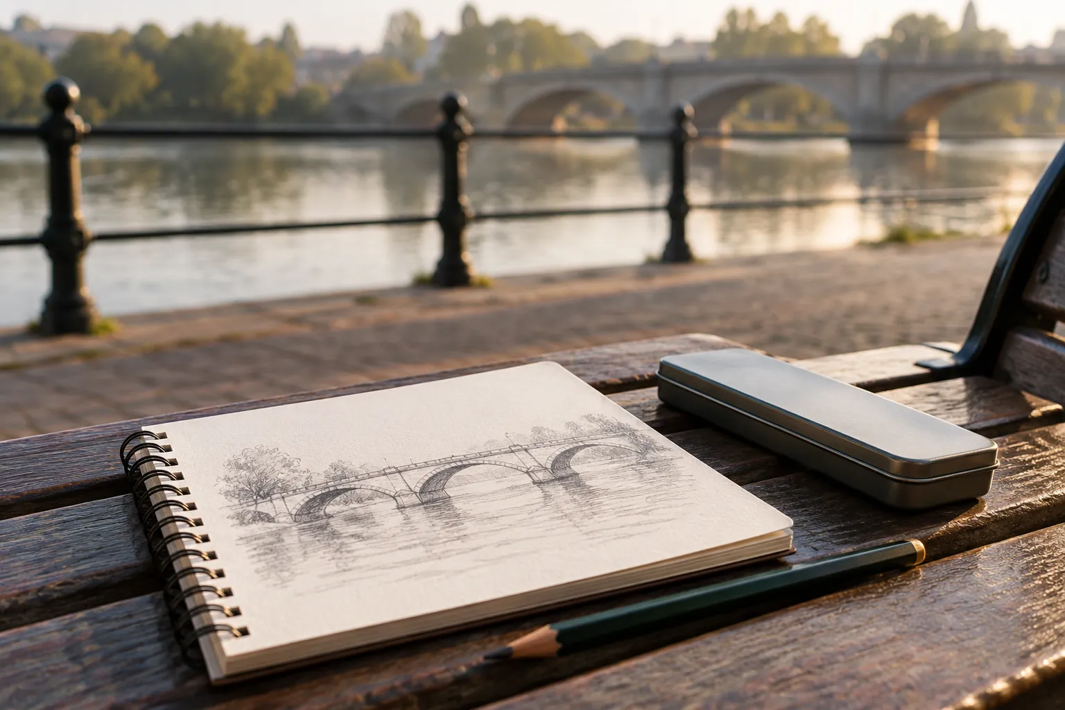 Illustration: A sketch pad and pencil tin on a riverside bench.