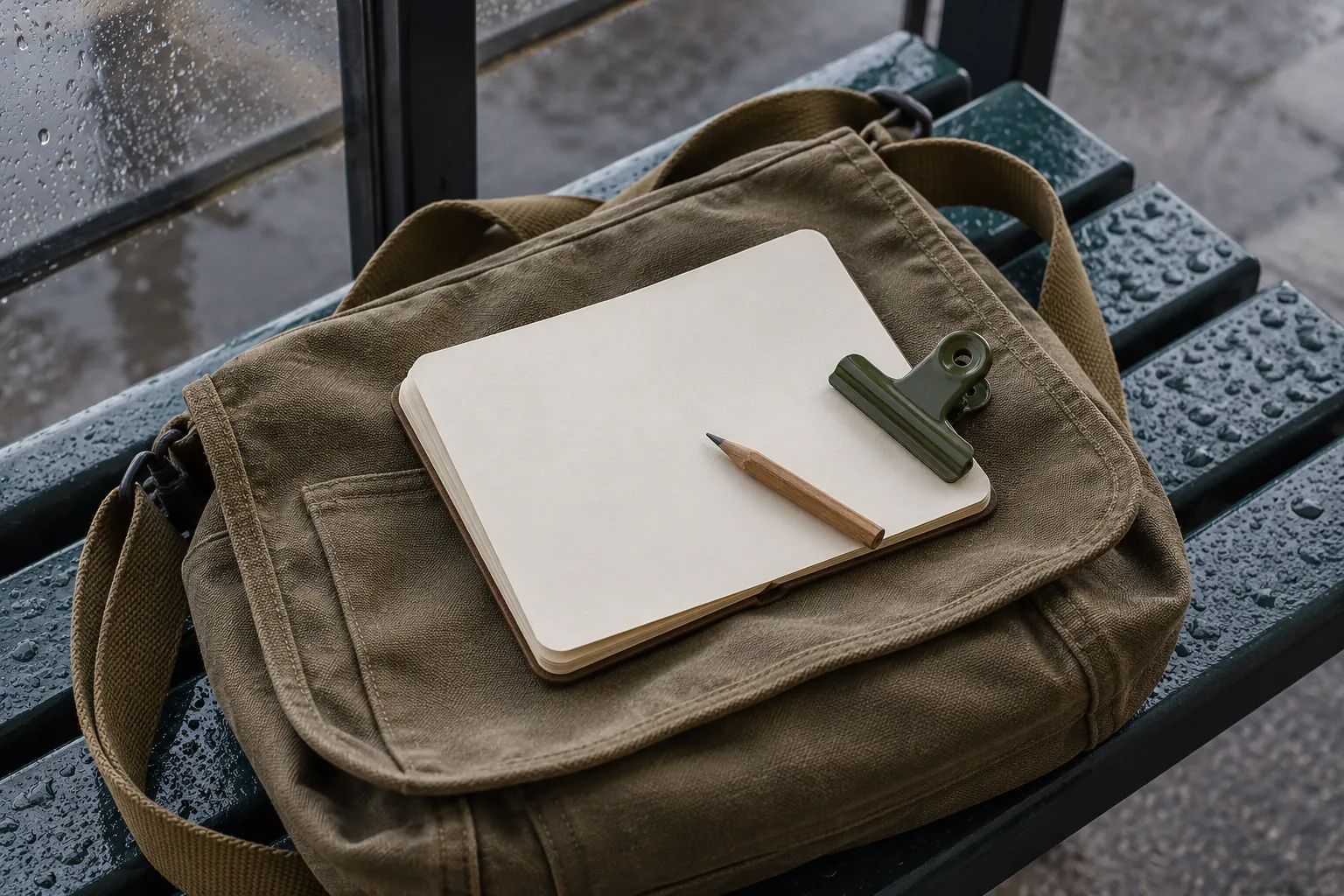 Illustration: A pocket sketchbook and pencil on a canvas satchel.