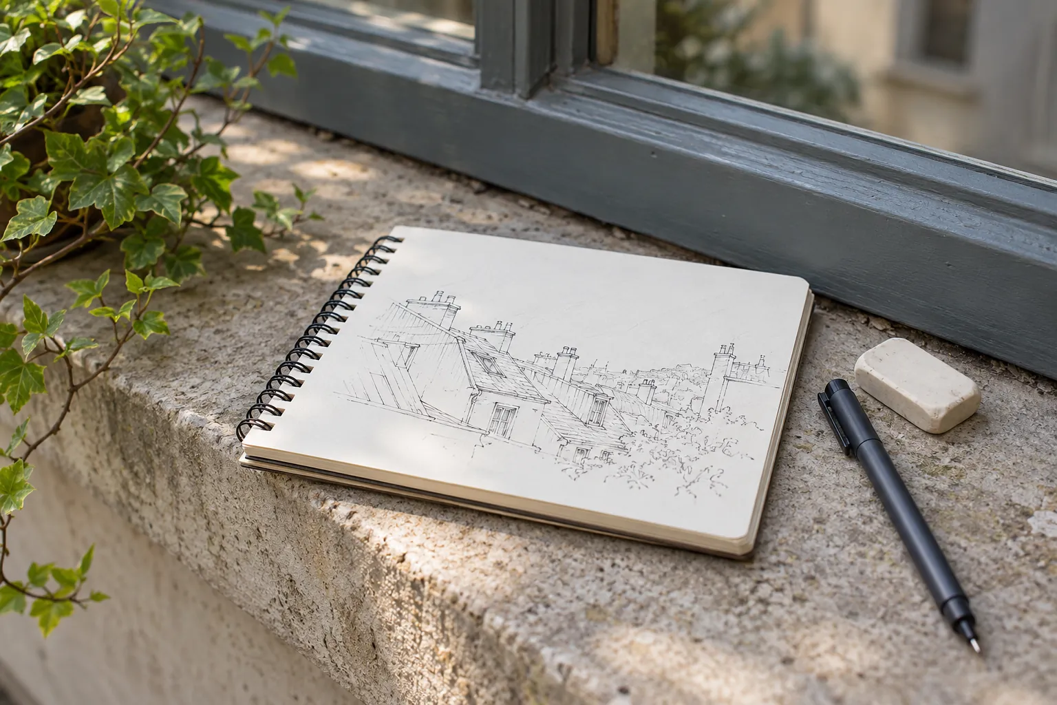 Illustration: A roofline sketch and drawing tools on a window ledge.
