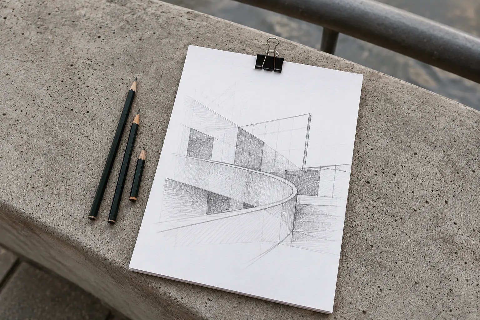 Illustration: Graphite pencils and an architectural sketch on a concrete seat.