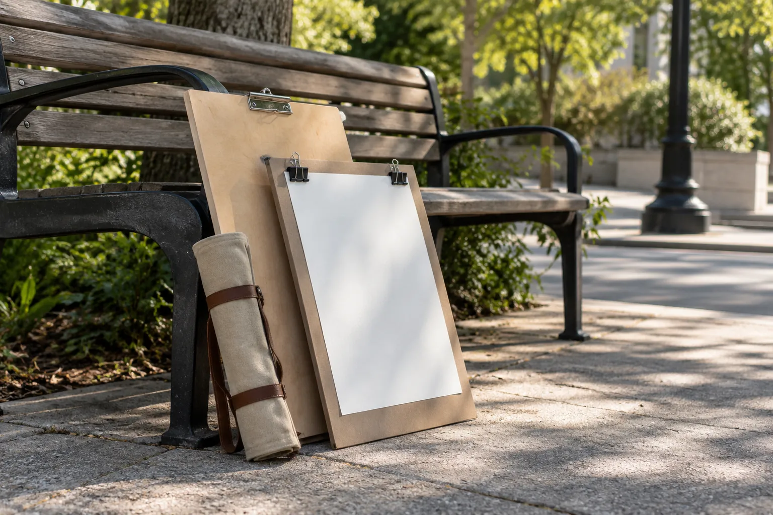 Illustration: Drawing boards and a pencil wrap beside a park bench.