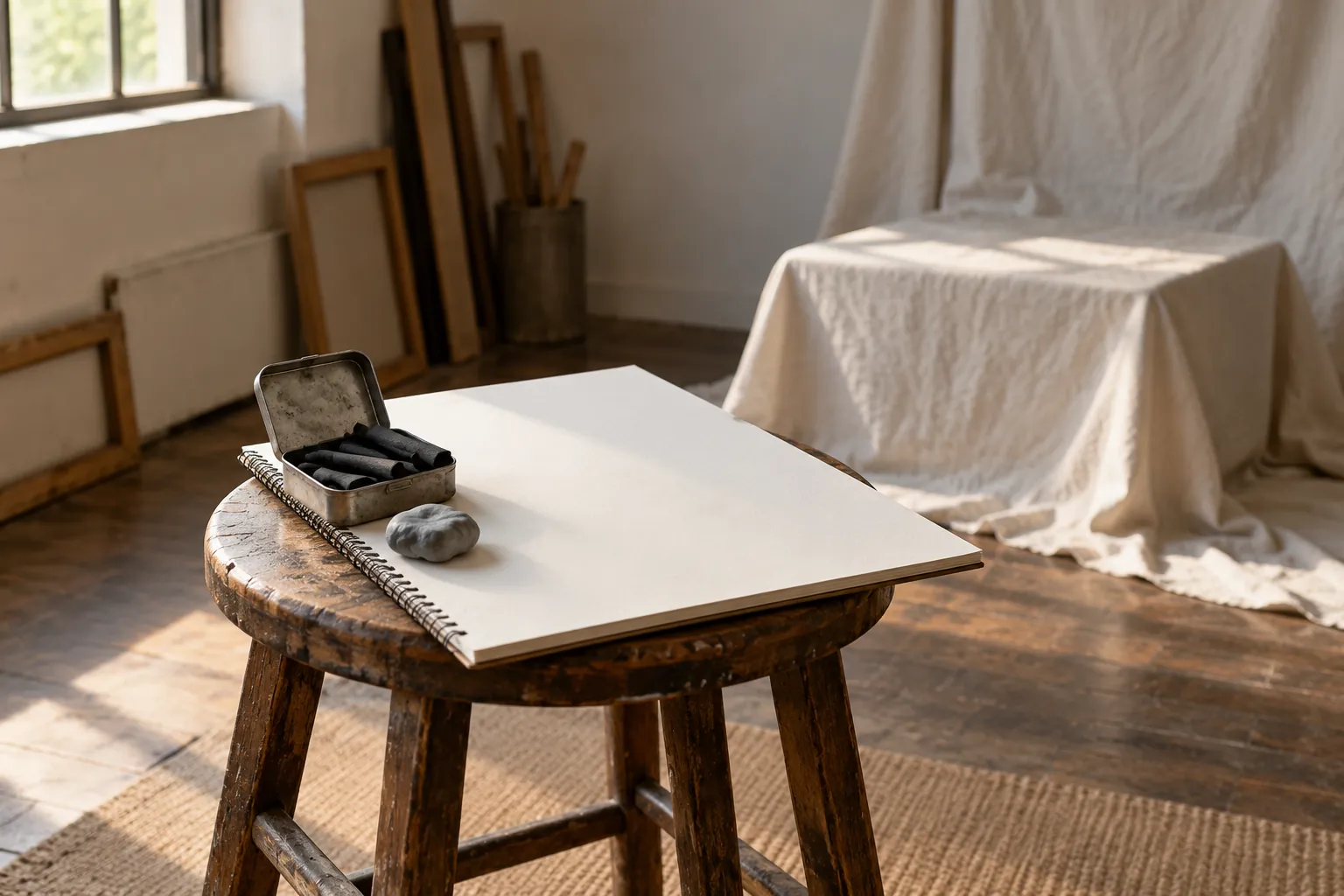 Illustration: Charcoal and a blank pad beside an empty draped studio platform.
