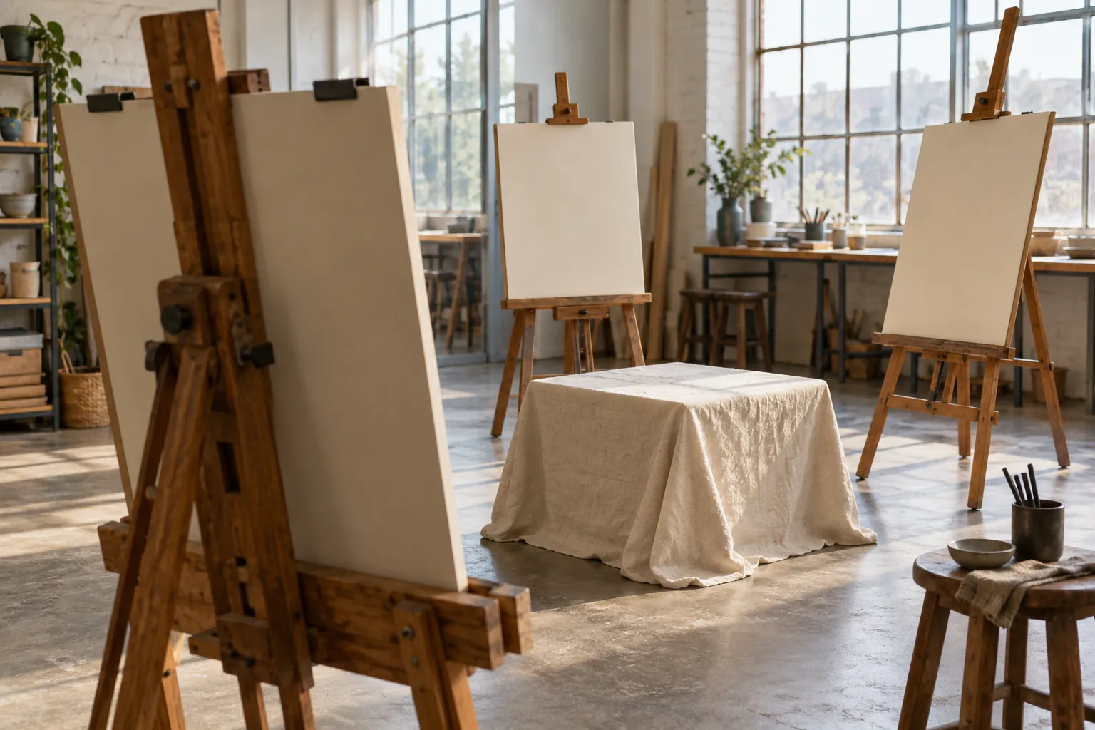 Illustration: Blank drawing sheets on easels around an empty studio platform.