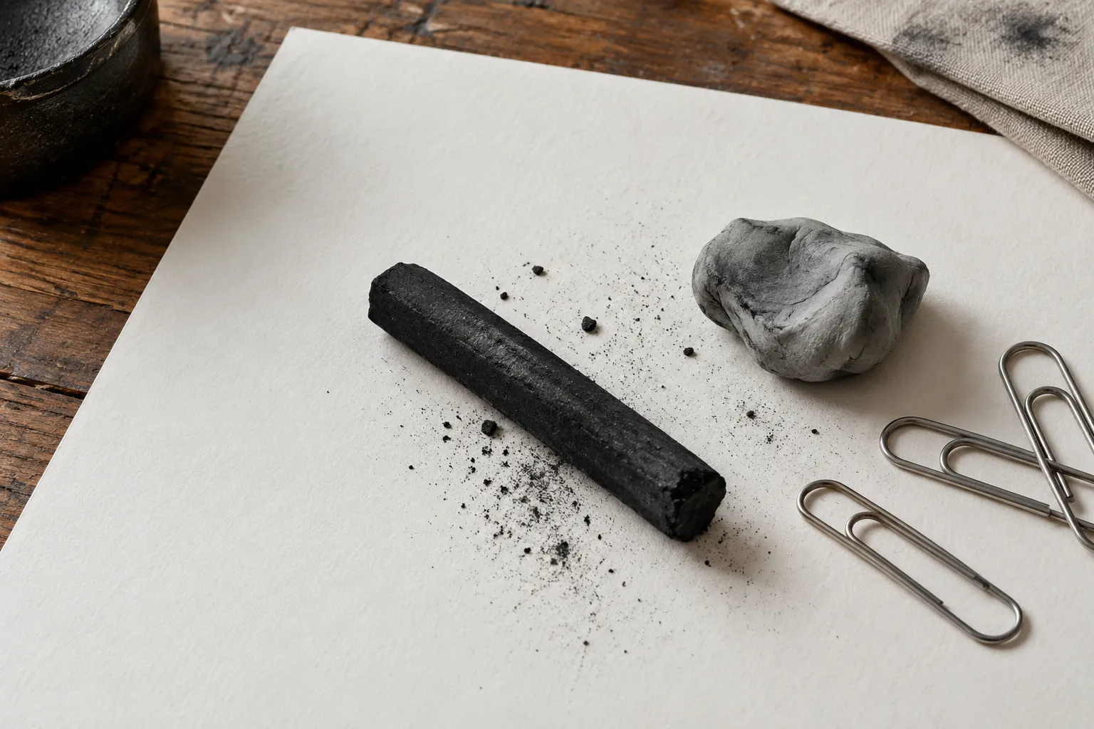 Illustration: Charcoal, an eraser and paper clips on drawing paper.
