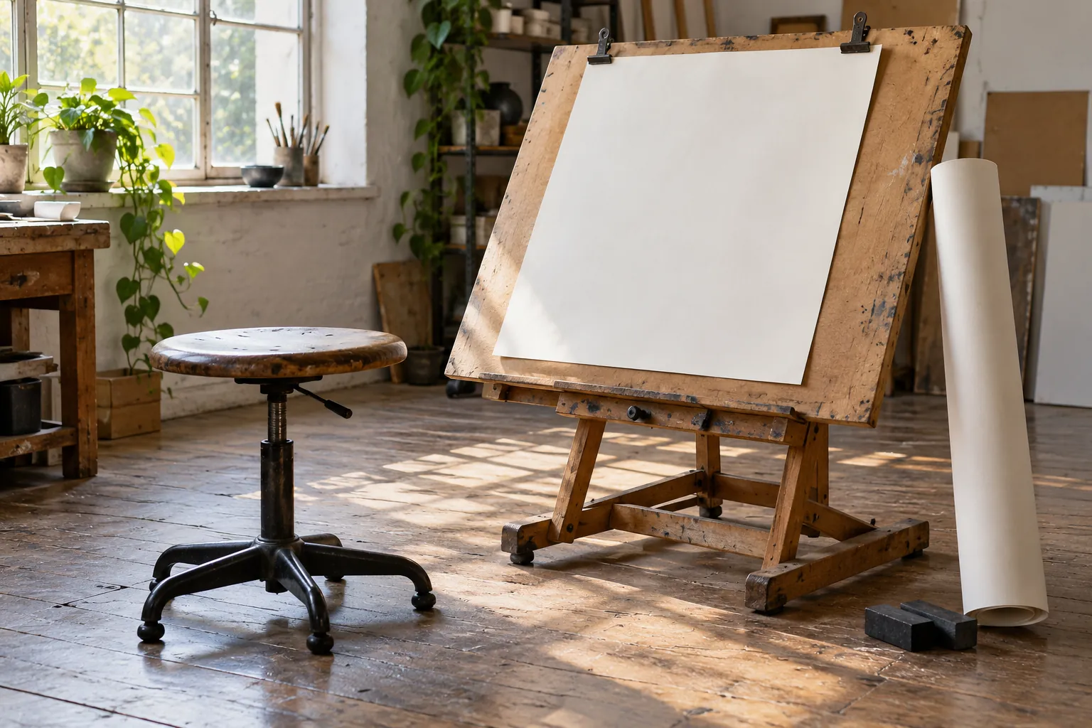 Illustration: A large drawing board, paper roll and charcoal beside a studio seat.