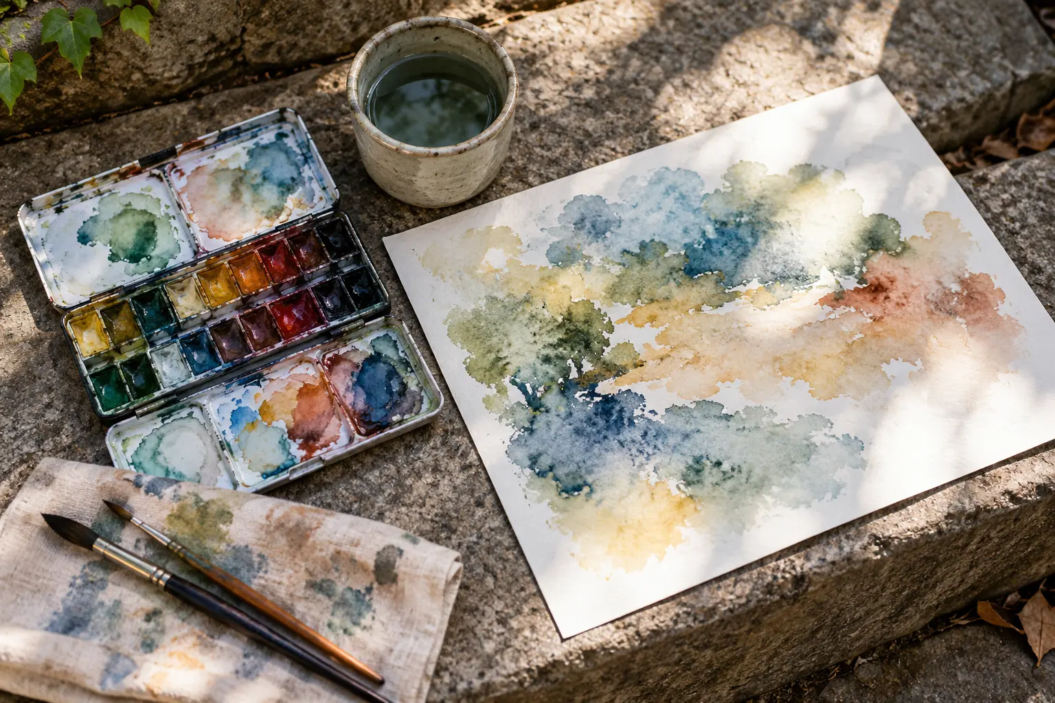 Illustration: A watercolor palette and abstract washes on a stone step.