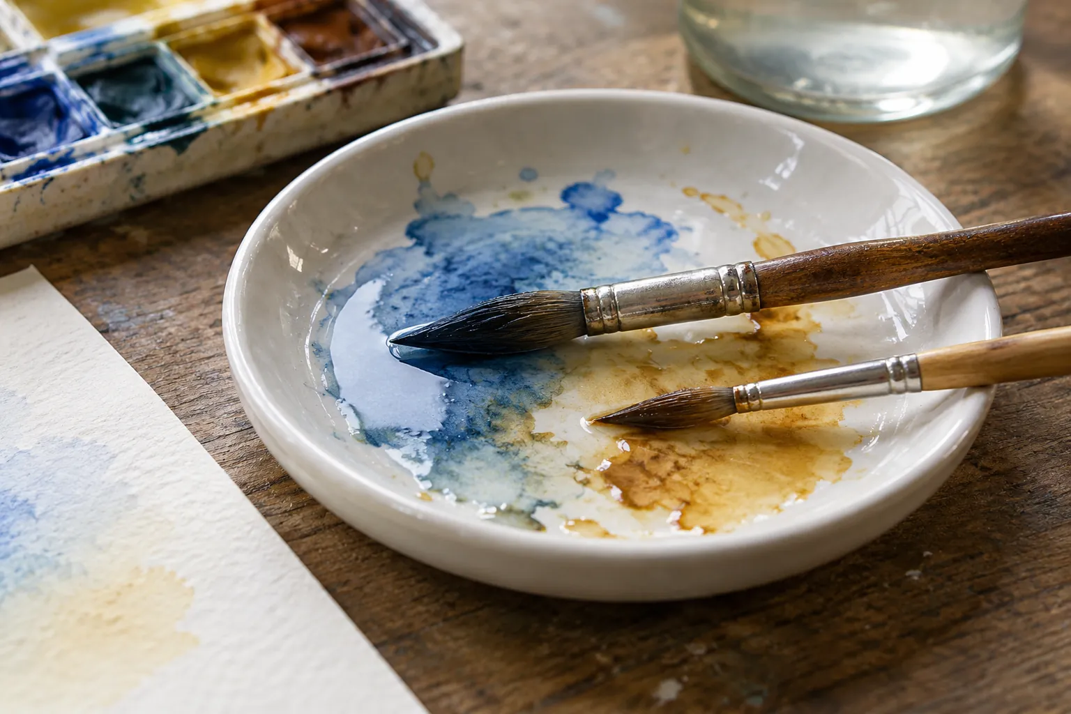 Illustration: Watercolor brushes resting across a porcelain mixing dish.