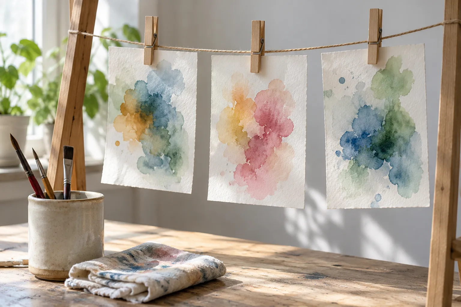 Illustration: Abstract watercolor studies clipped to a studio drying line.