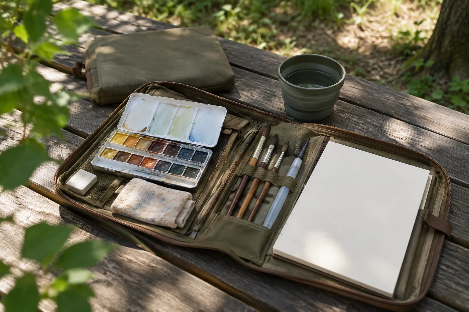 Illustration: A portable watercolor kit on a shaded park table.