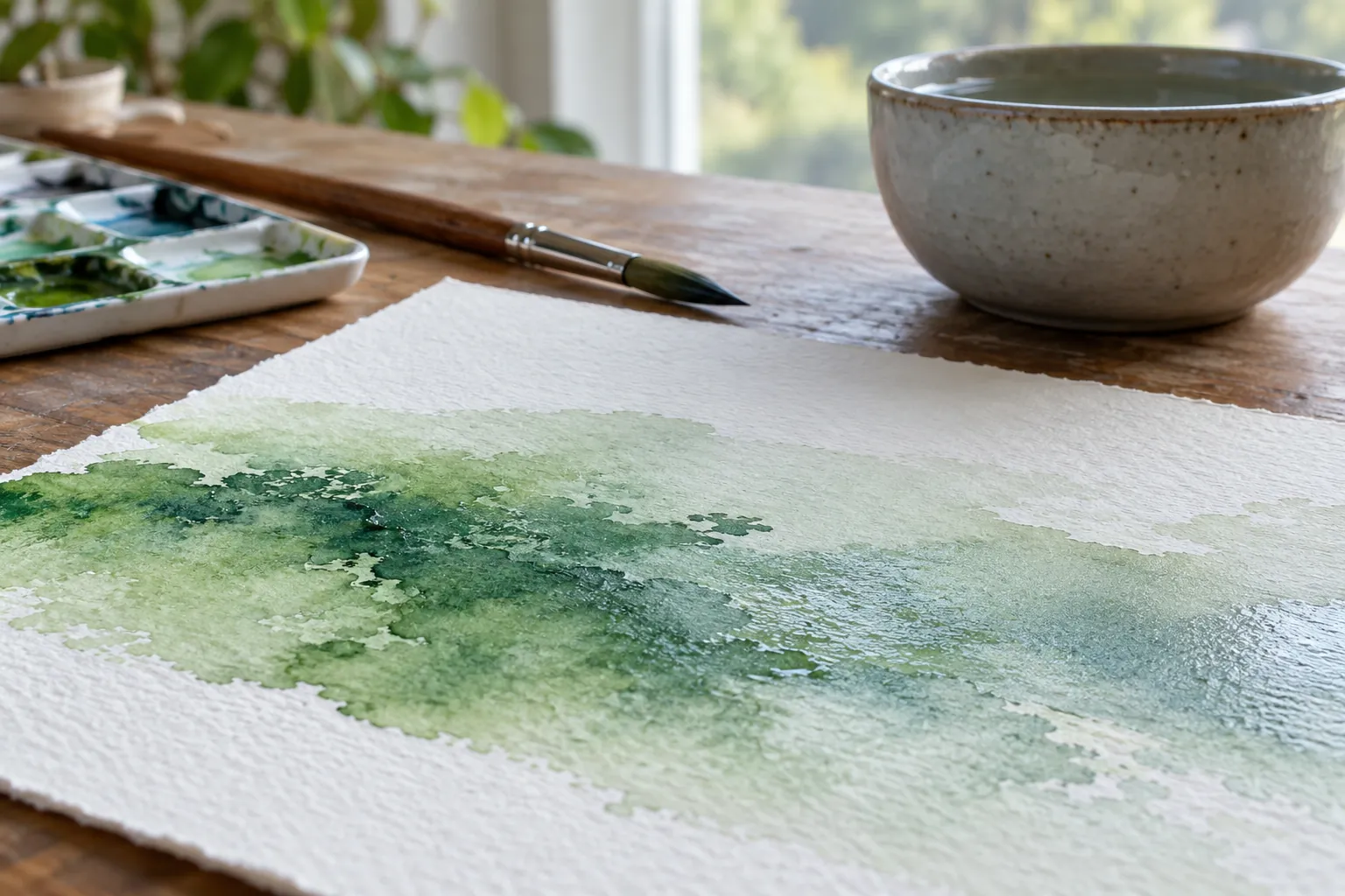 Illustration: A green watercolor wash on textured paper beside a brush.