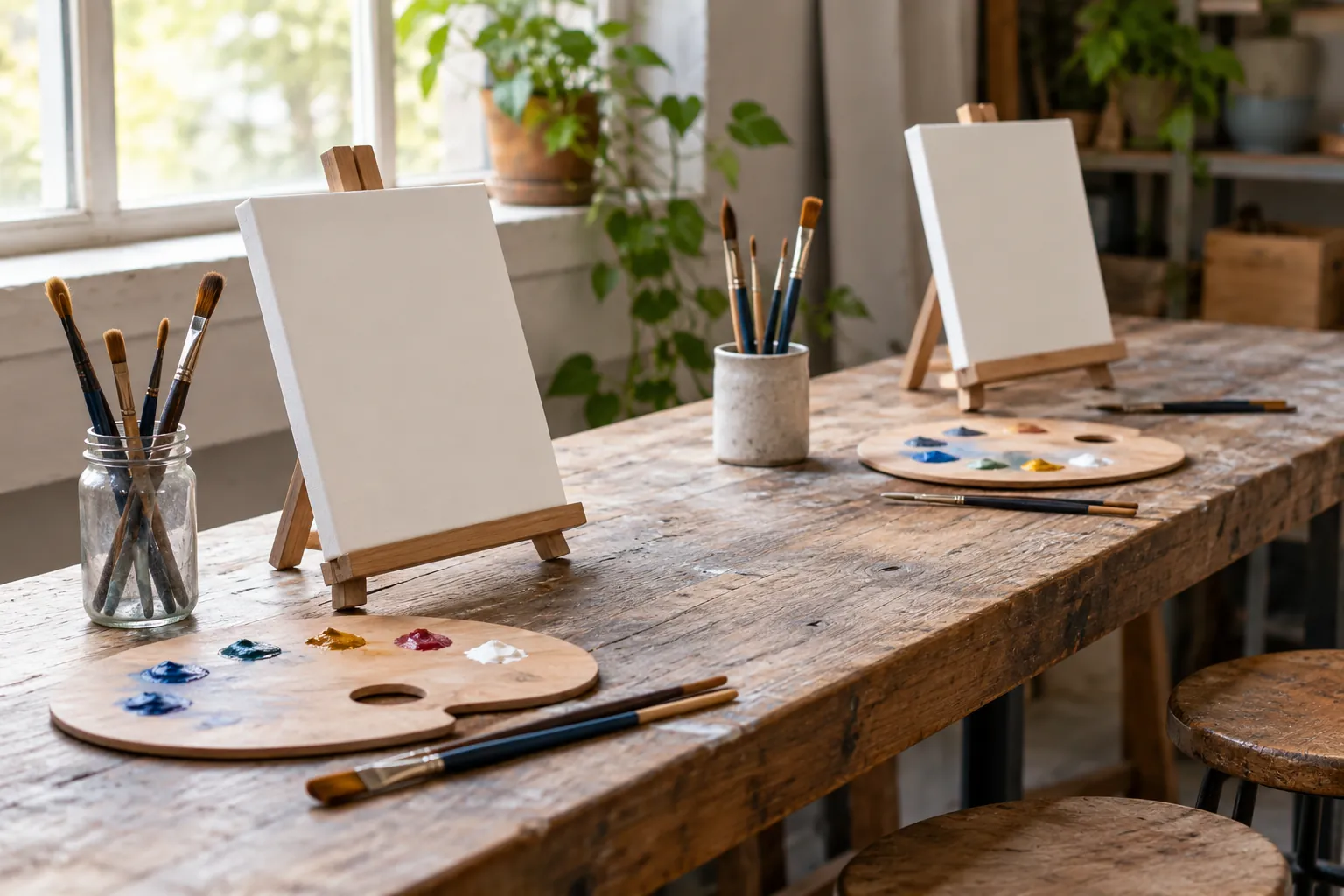 Illustration: Palettes and blank canvas boards at a shared studio bench.