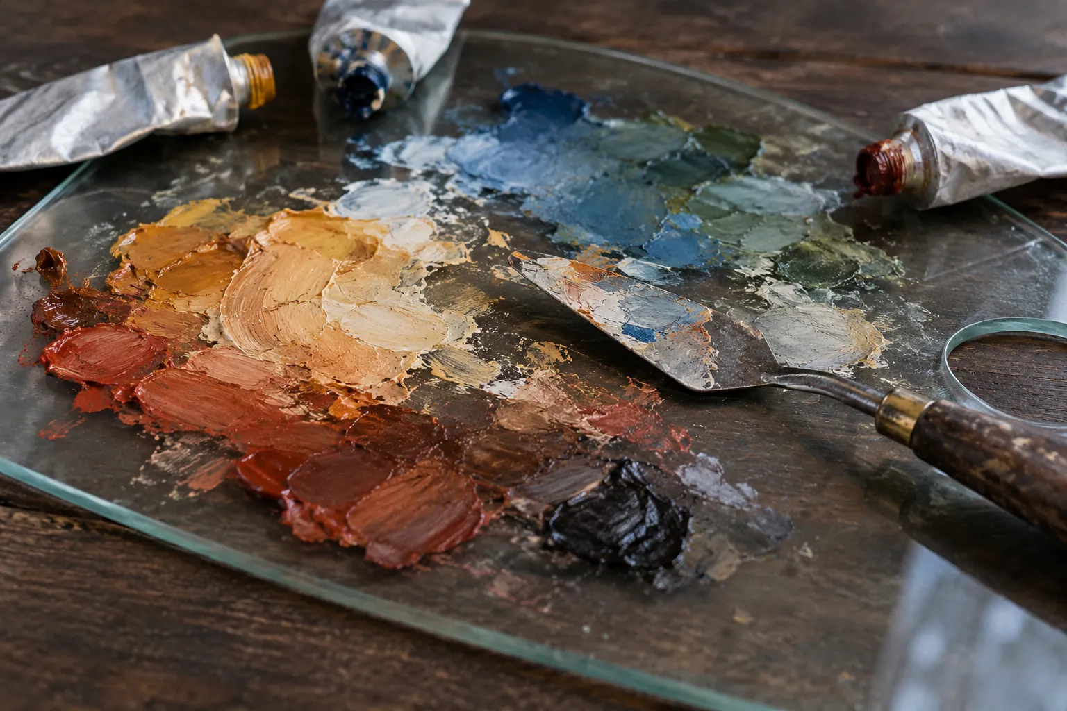 Illustration: A palette knife and mixed paint on a glass palette.