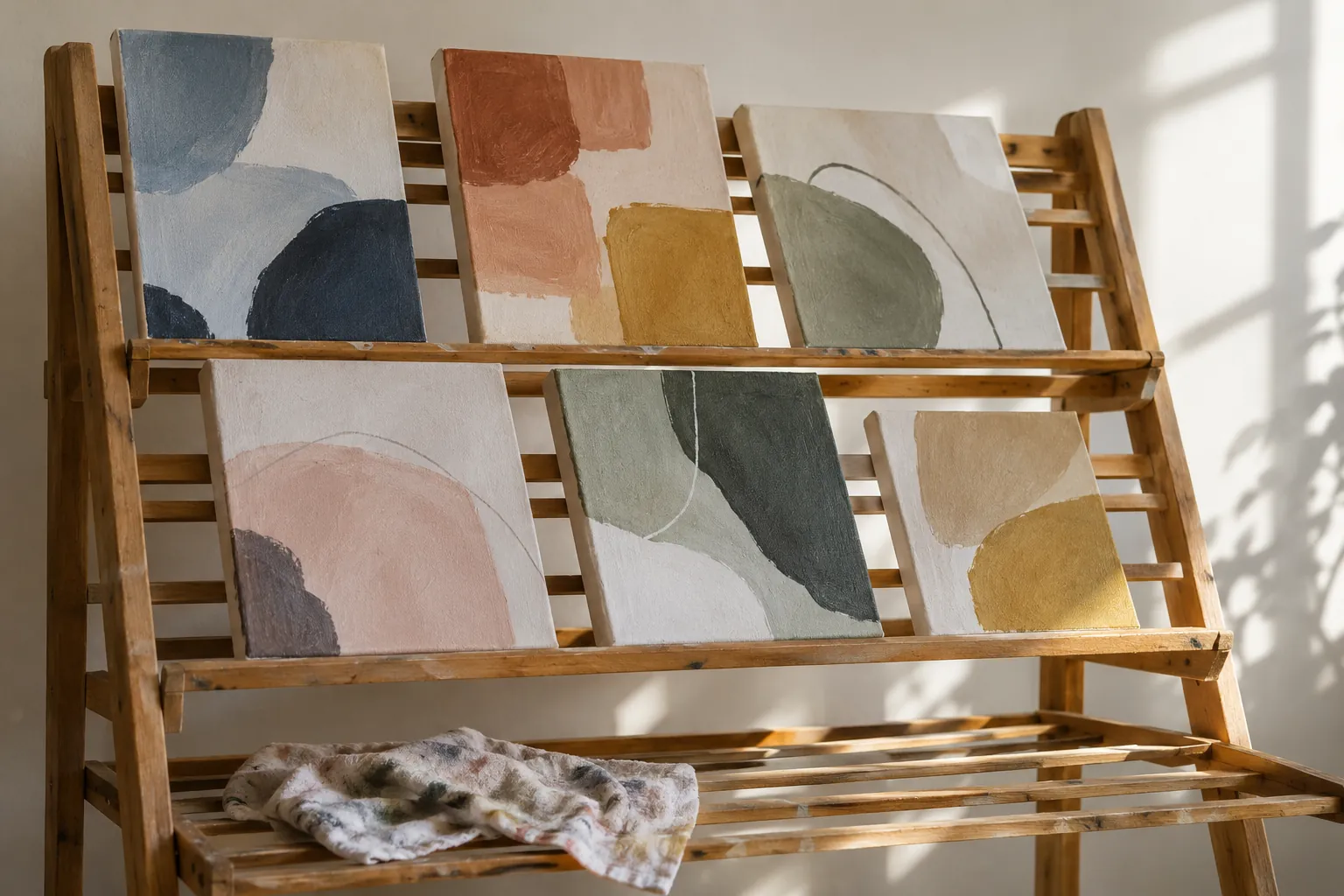 Illustration: Small abstract canvases in a studio drying rack.
