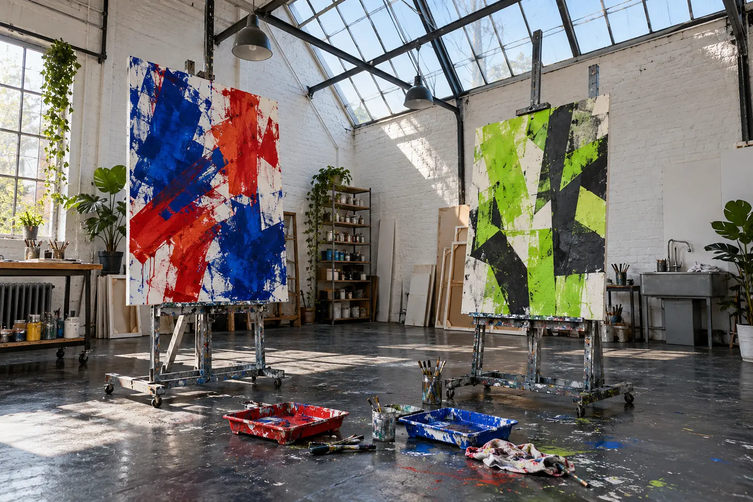 Illustration: Two full-size easels hold vivid original color studies beside paint trays on a dark studio floor.