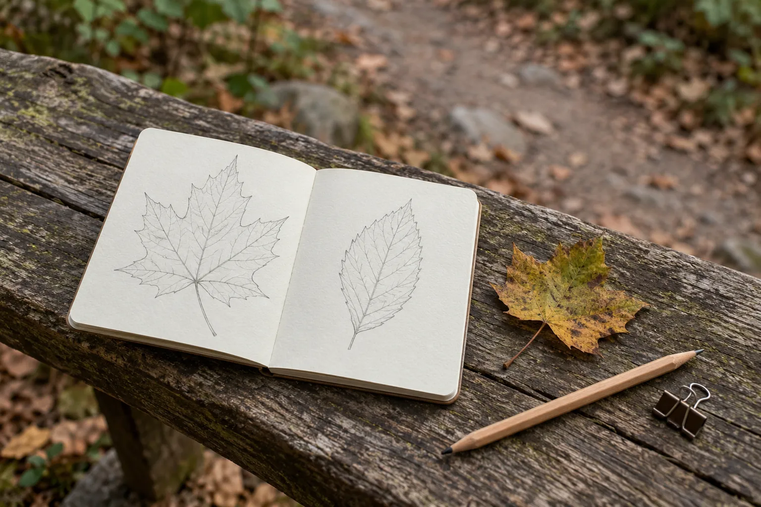 Illustration: A leaf sketch and pencil on a trail bench.