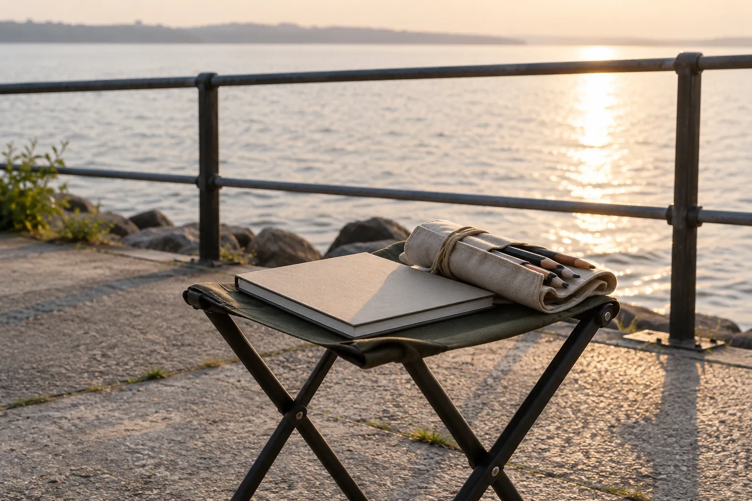 Illustration: A sketchbook and pencil roll on a waterfront drawing stool.