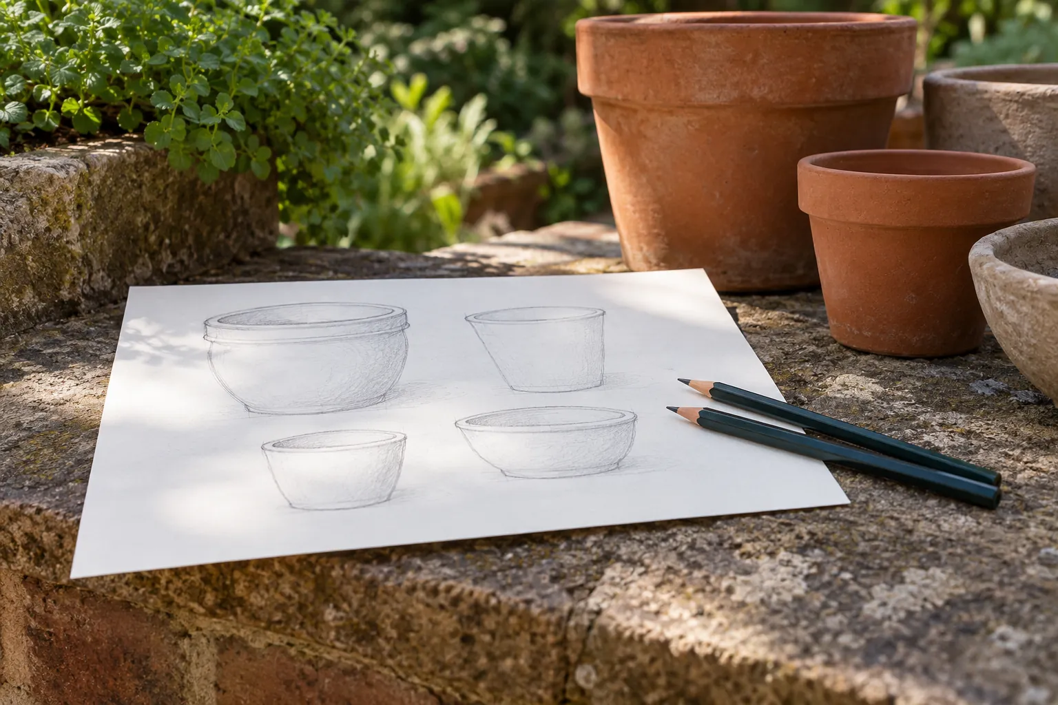 Illustration: A pot study and pencils on a shaded garden wall.