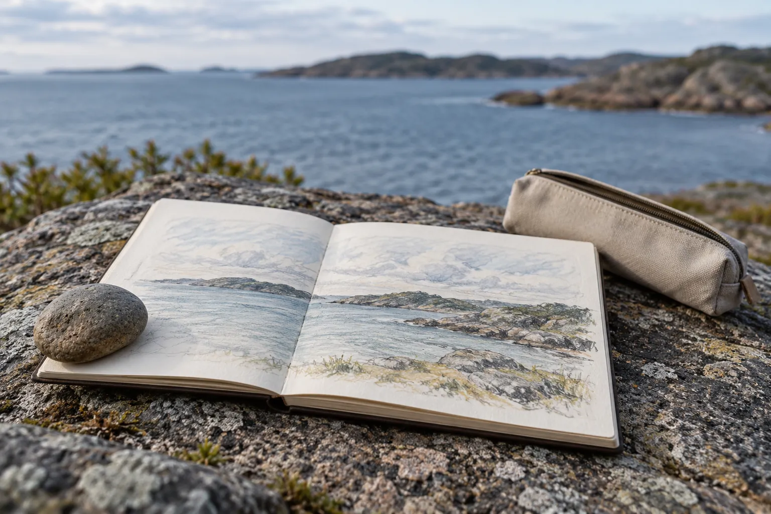 Illustration: A sketchbook held open by a stone on a low rock ledge.
