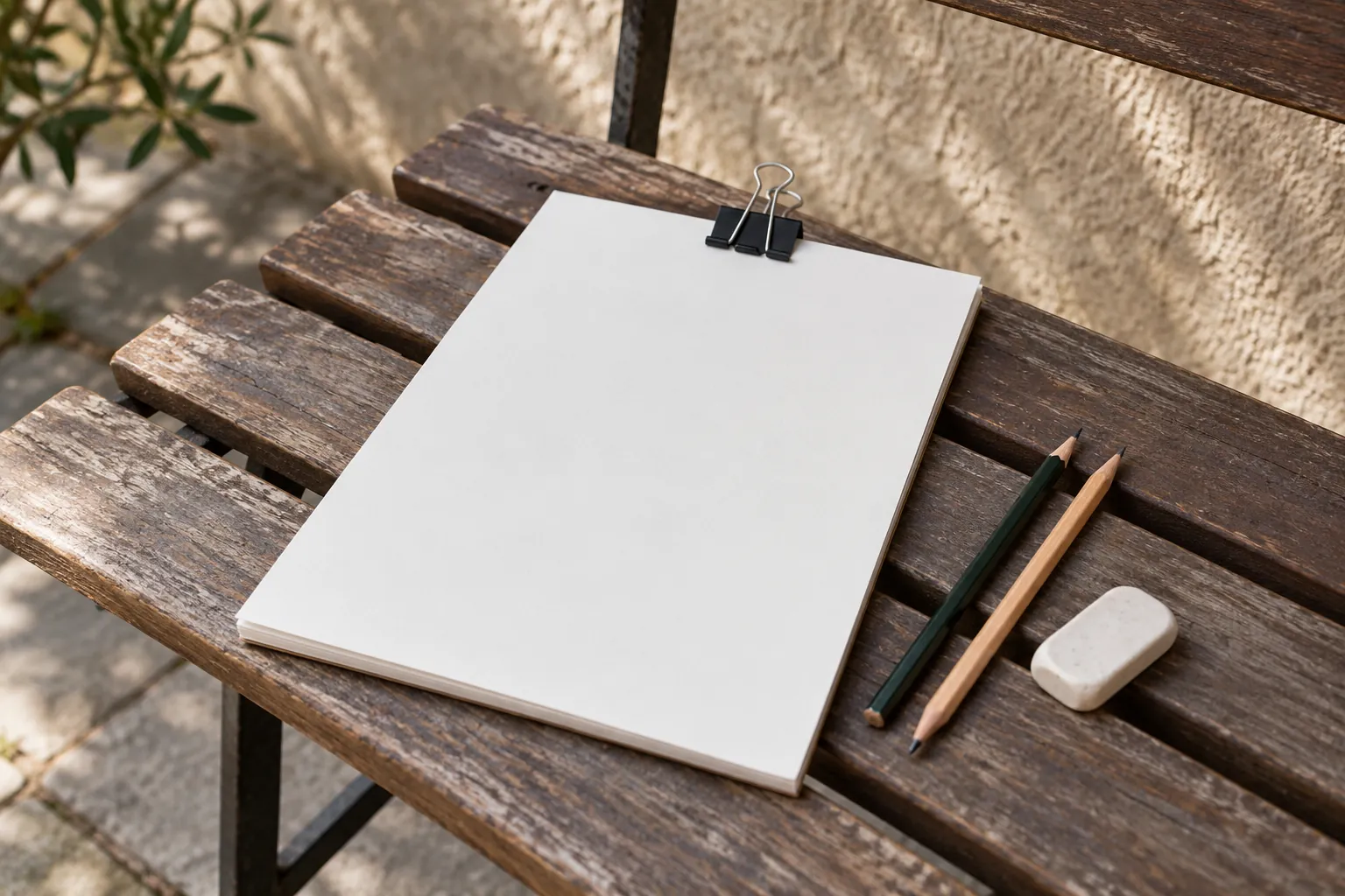 Illustration: A drawing pad and pencils on an empty courtyard bench.
