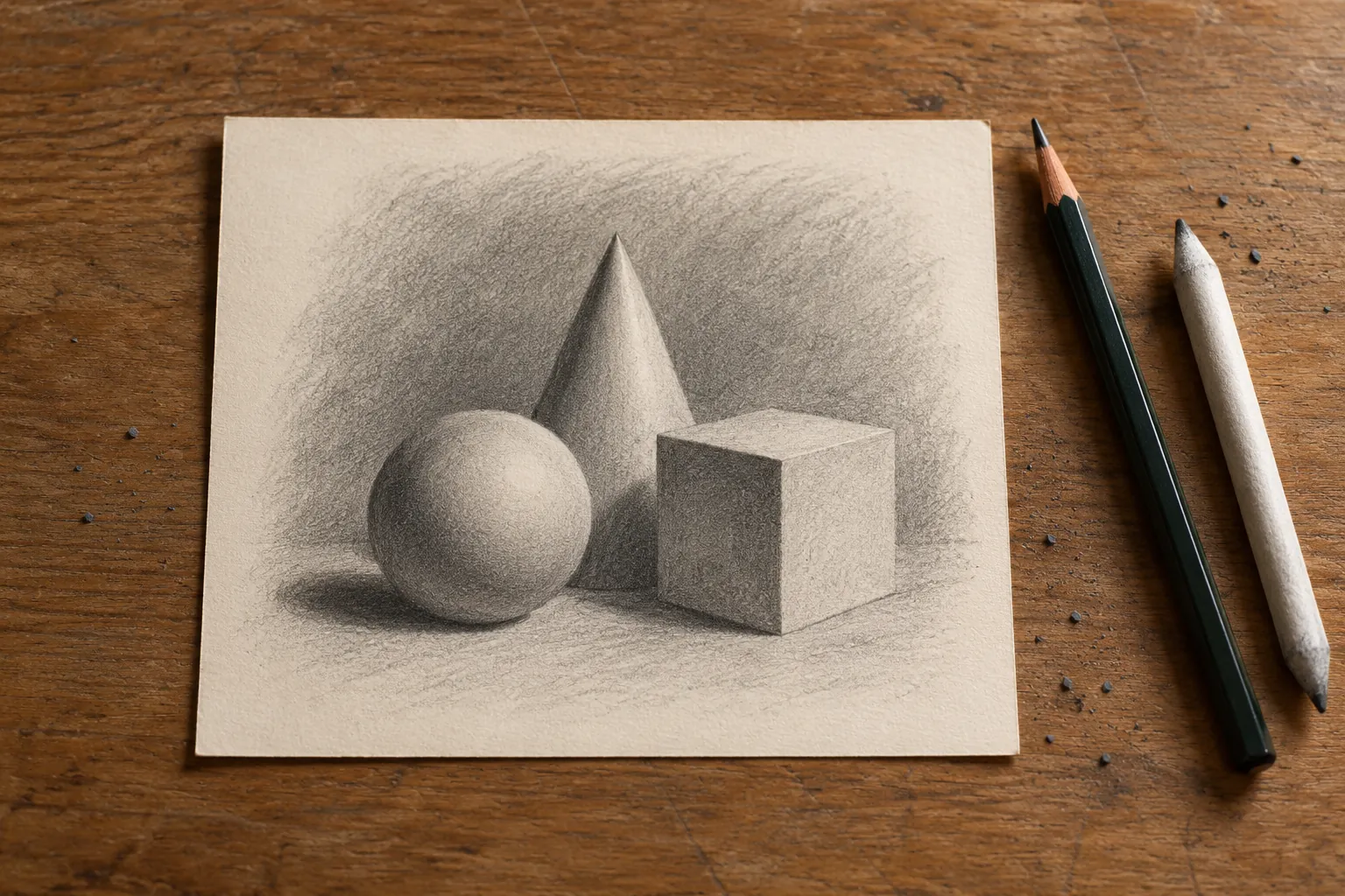 Illustration: A graphite study of geometric forms with drawing tools.