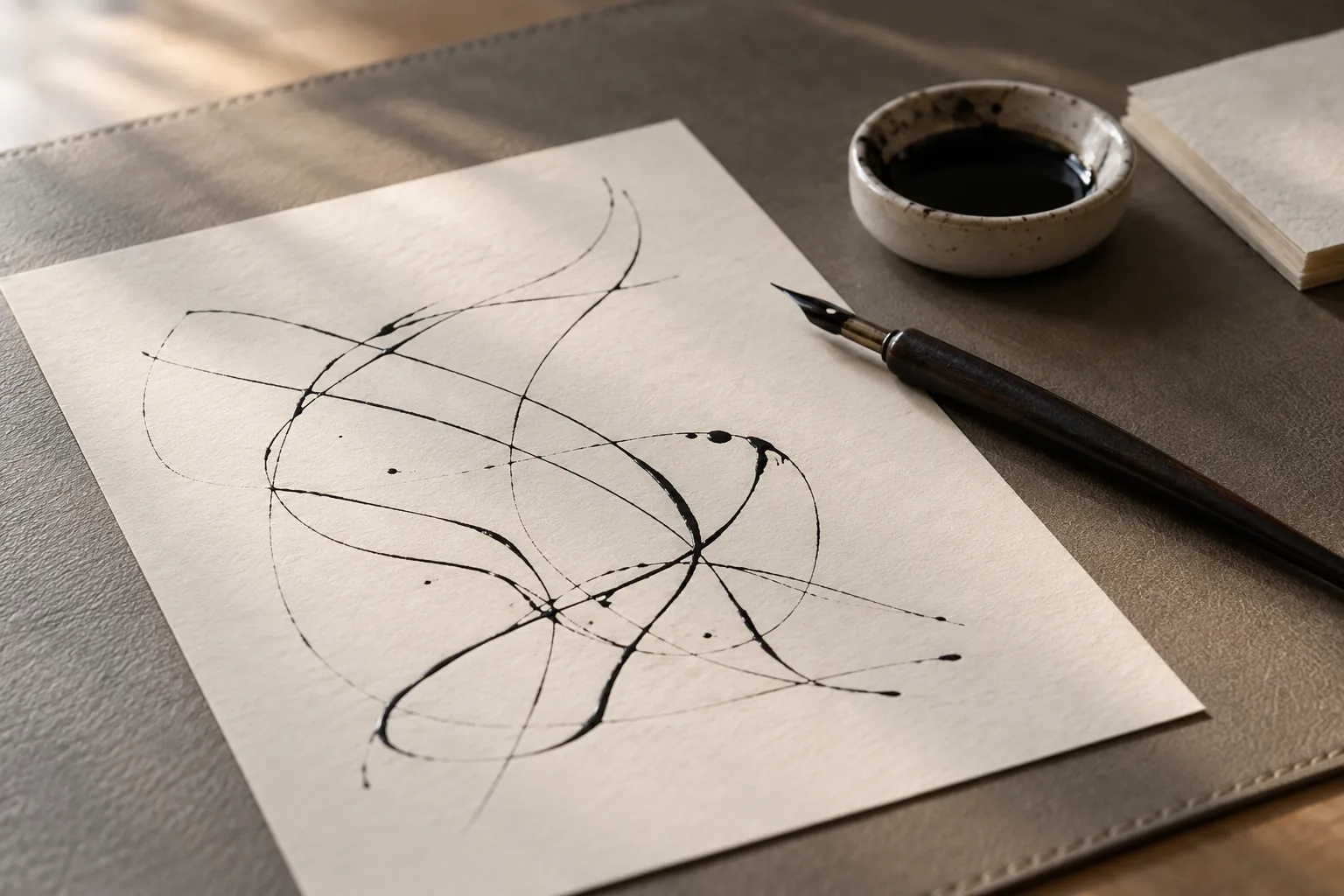 Illustration: Ink tools and an abstract line exercise on a studio mat.