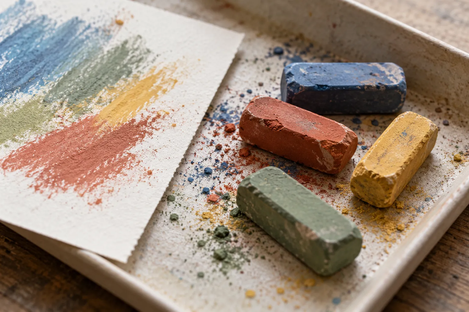 Illustration: Pastel sticks and broad color marks beside a shallow tray.