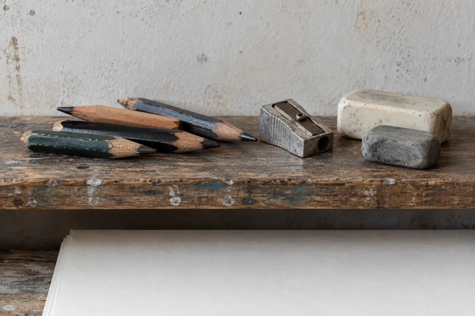 Illustration: Short drawing pencils and erasers on a studio shelf.