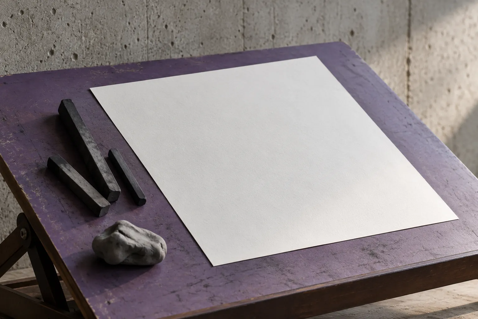 Illustration: Graphite sticks, a kneaded eraser and a blank sketch sheet lie on a violet angled drafting board beside a concrete wall, seen close from the side.