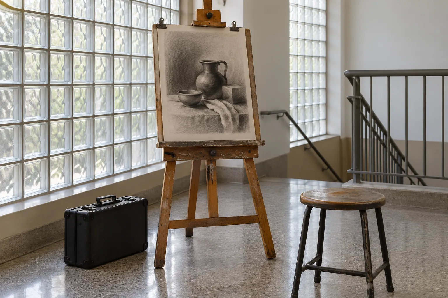 Illustration: A plain drawing easel holds a simple original charcoal still-life study in a glass-block stairwell landing, with a black tool case and empty stool, shown wide.