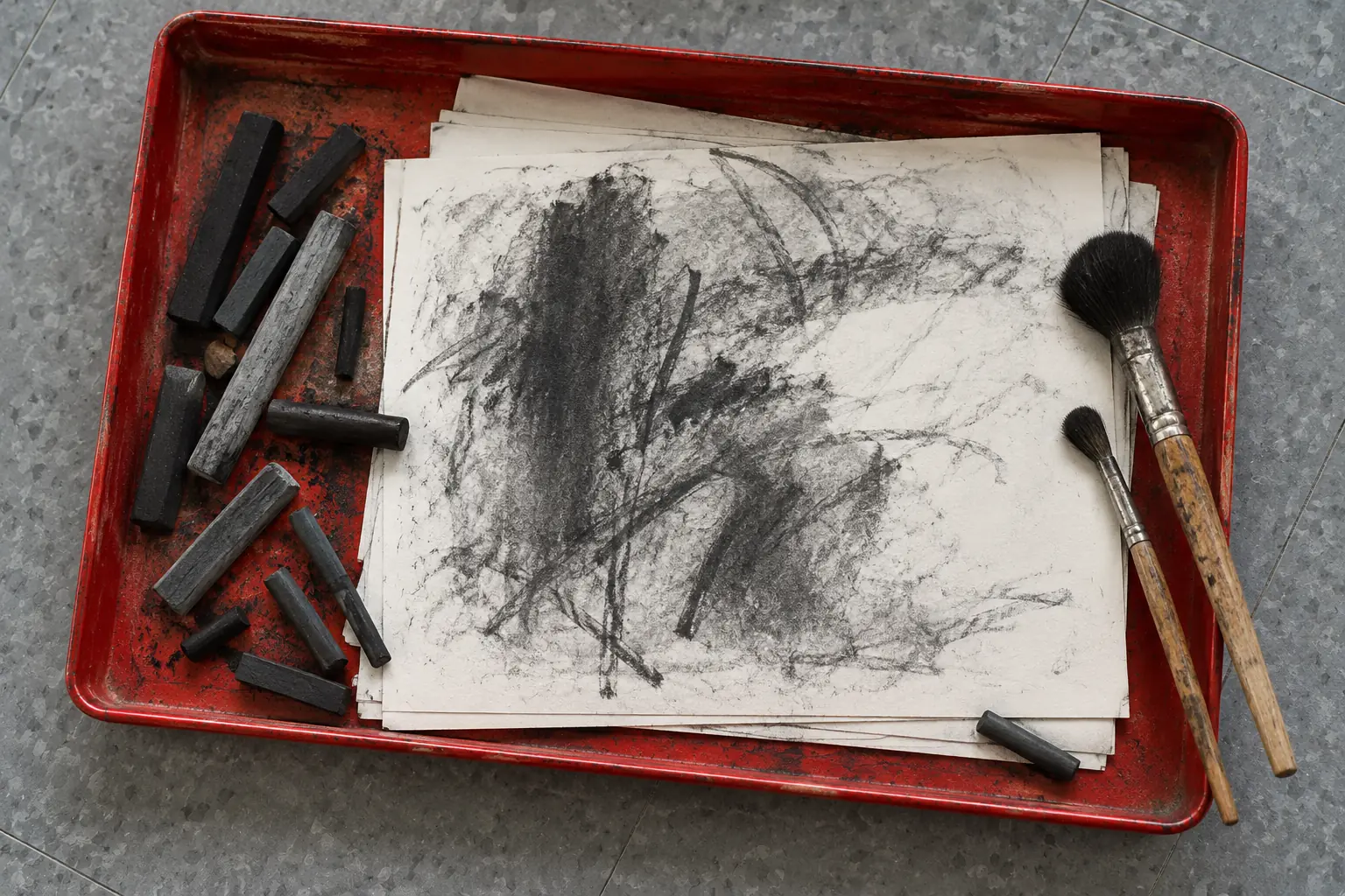 Illustration: Charcoal sticks, soft brushes and paper with loose original abstract charcoal marks rest inside a red metal drawing tray on gray linoleum, in overhead detail.