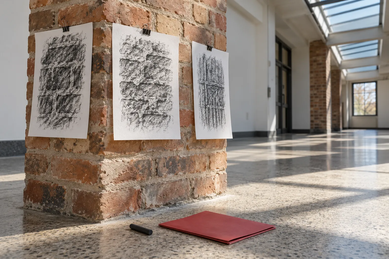 Illustration: Charcoal rubbings displayed around a brick corridor column.
