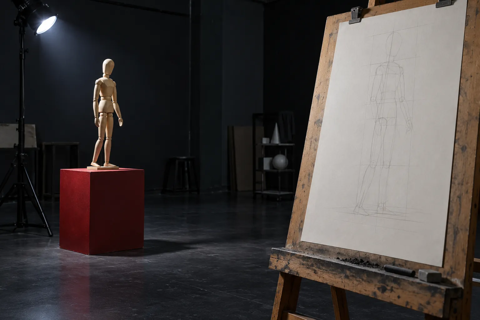 Illustration: A wooden artist mannequin and charcoal drawing board in a dark studio.