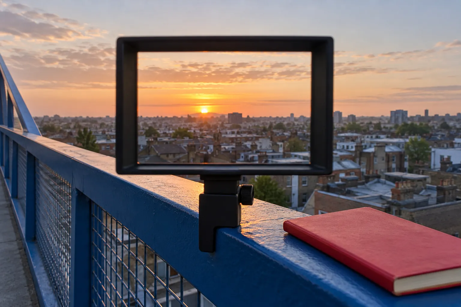 Illustration: A drawing viewfinder framing rooftops from a blue footbridge.