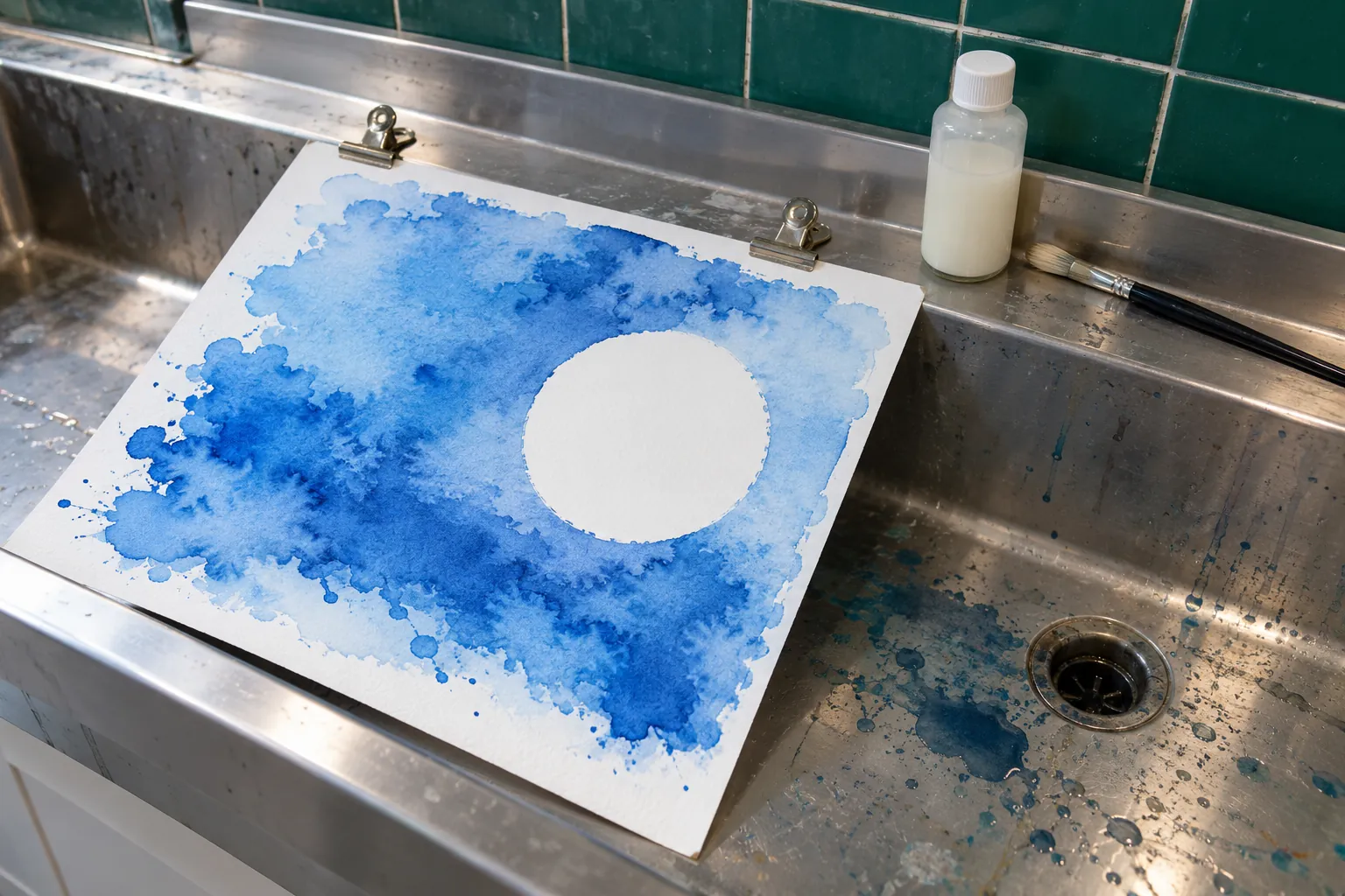 Illustration: A blue watercolor wash with a reserved white circle over a studio trough.