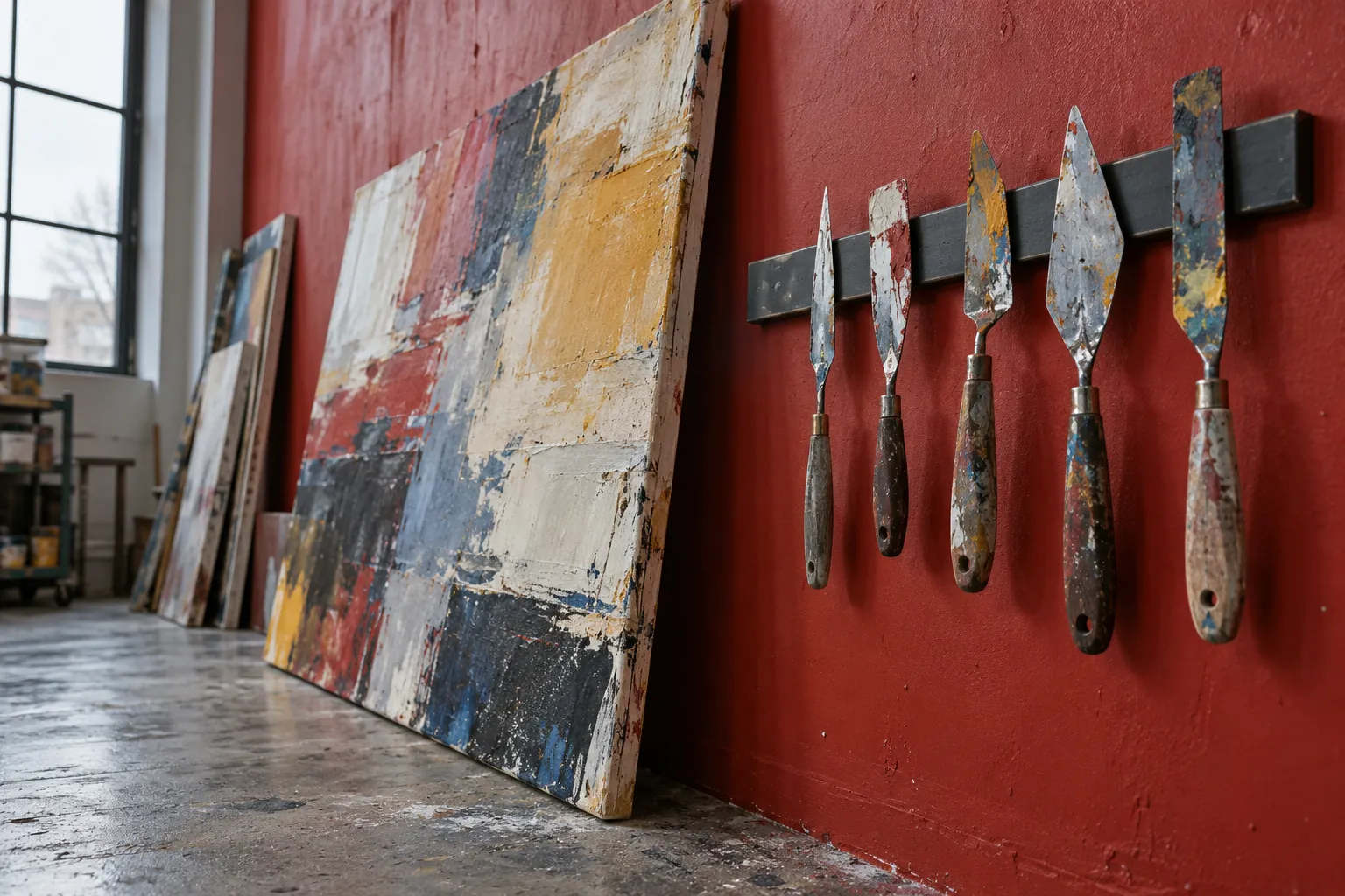 Illustration: Painted palette knives above an abstract study against a red wall.