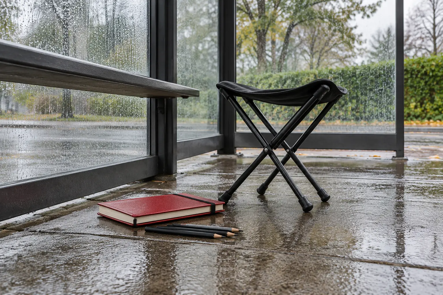 Illustration: A closed red sketchbook, graphite pencils and a folding stool sit beneath a plain glass transit shelter beside wet pavement.