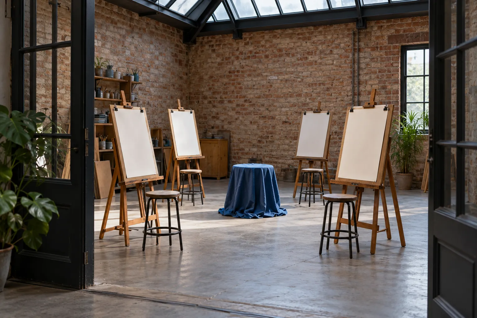 Illustration: Four empty easels with plain paper face a blue fabric-draped stool in a brick studio.