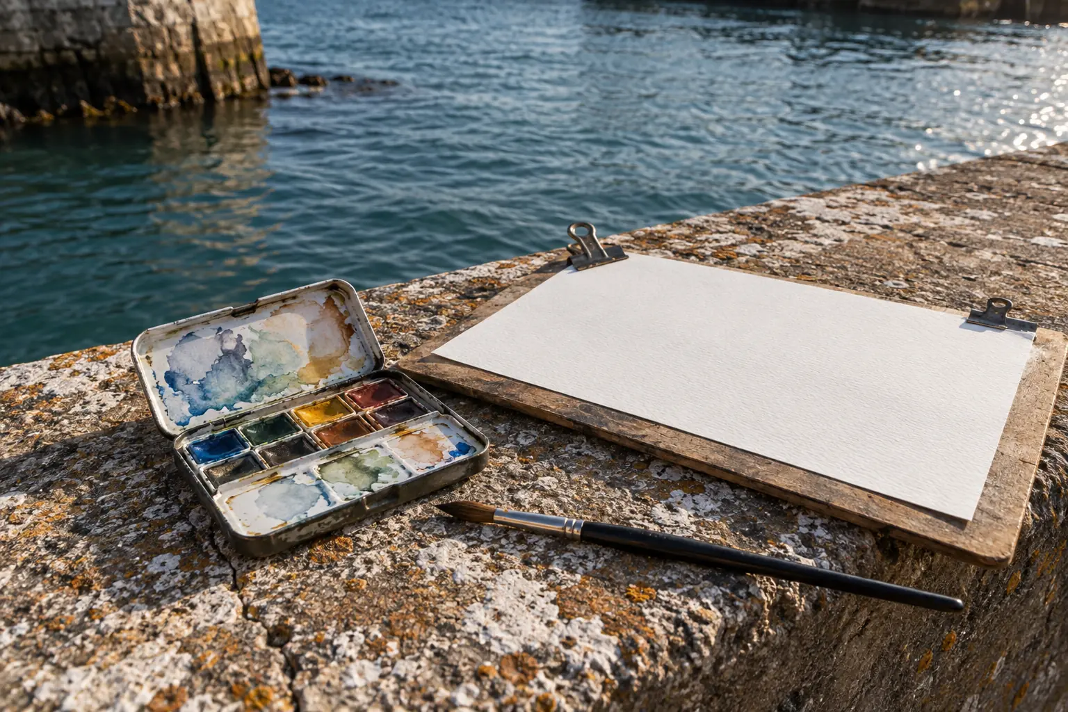 Illustration: A compact unbranded watercolour tin, brush and plain paper clipped to a board rest on a salt-stained concrete harbour wall.