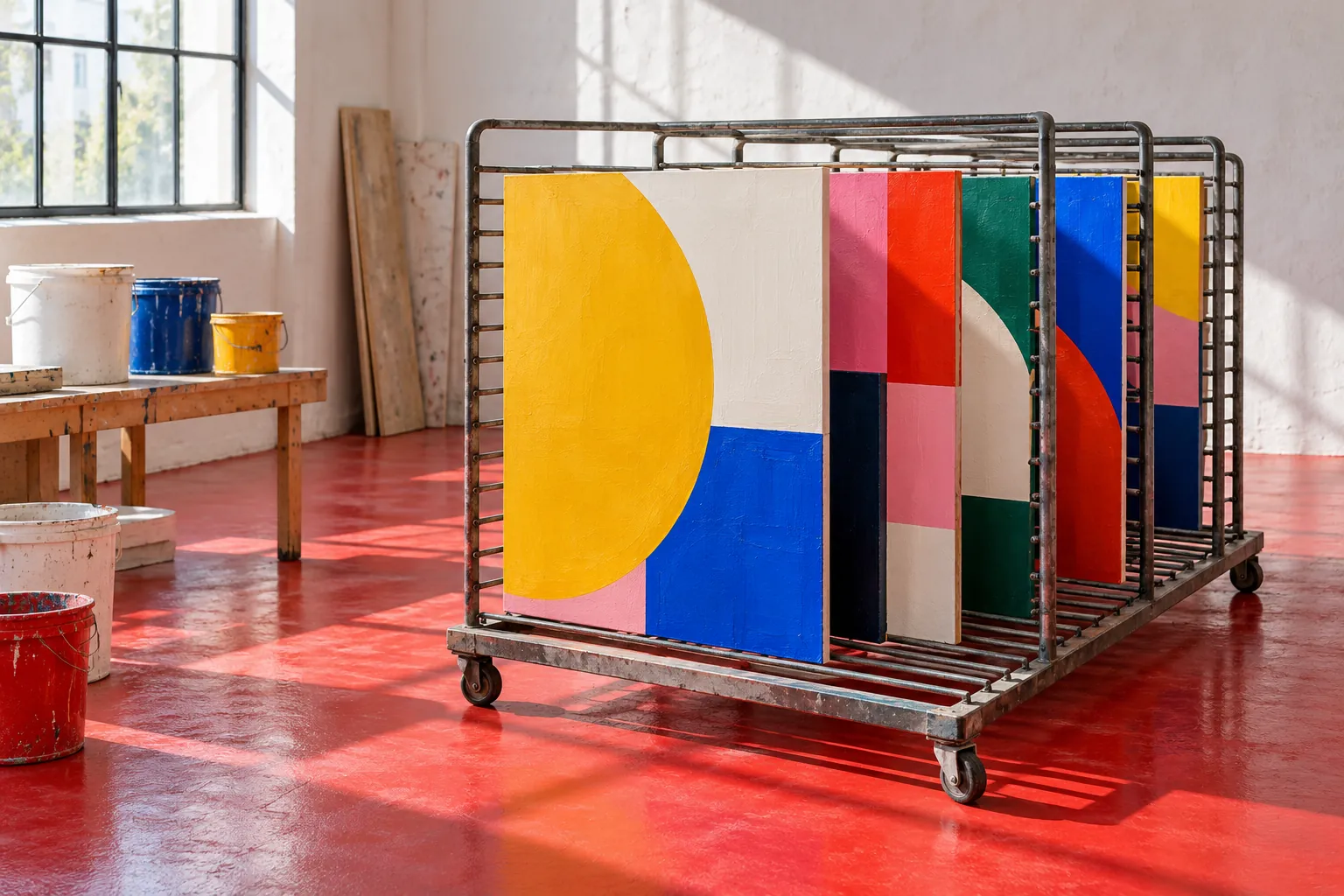 Illustration: Original bright abstract painted panels stand in a metal drying rack on a scarlet studio floor.