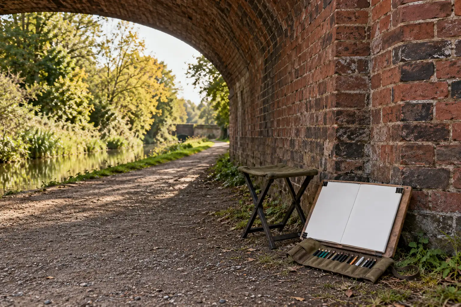 Illustration: A small folding stool and open blank drawing pad on a board wait beside an anonymous red brick arch, pencils in a canvas roll.