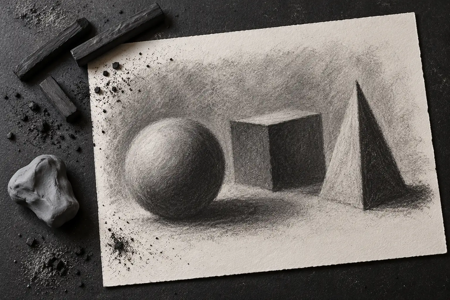 Illustration: Charcoal sticks, kneaded eraser and paper bearing simple original tonal shapes lie on a black rubber studio mat.