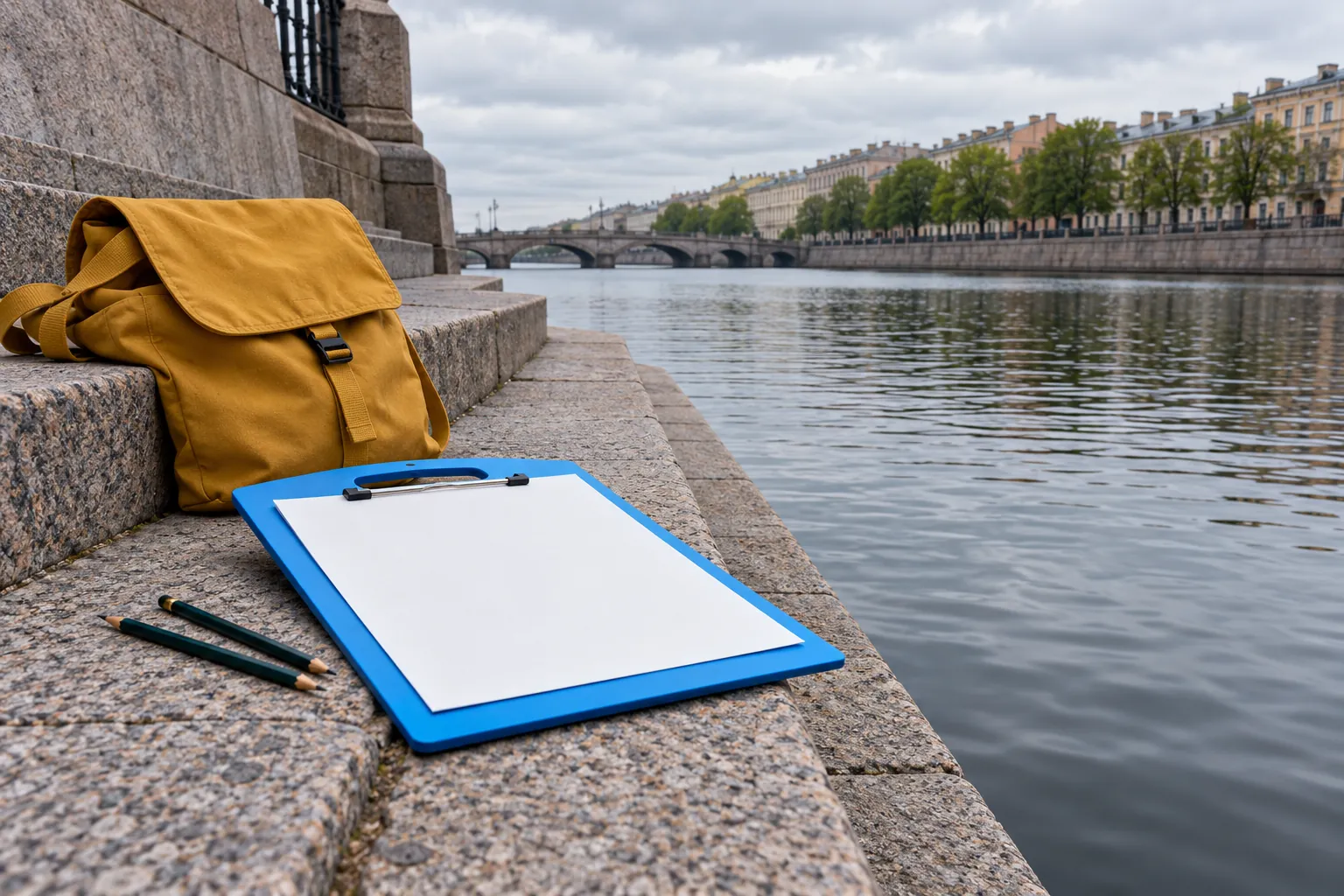 Illustration: A bright blue portable drawing board with blank paper and two pencils rests on broad canal steps beside a closed yellow bag.