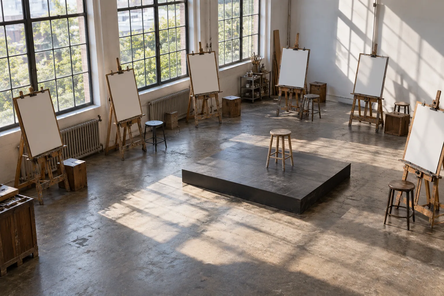 Illustration: A charcoal platform and unoccupied simple model stool sit beneath tall workshop windows, paper-covered easels around the perimeter.