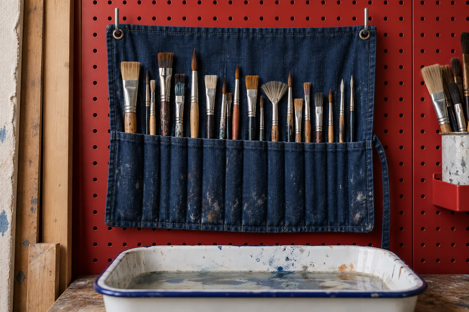 Illustration: An open indigo fabric brush roll hangs from a red studio pegboard above a shallow enamel rinsing basin.