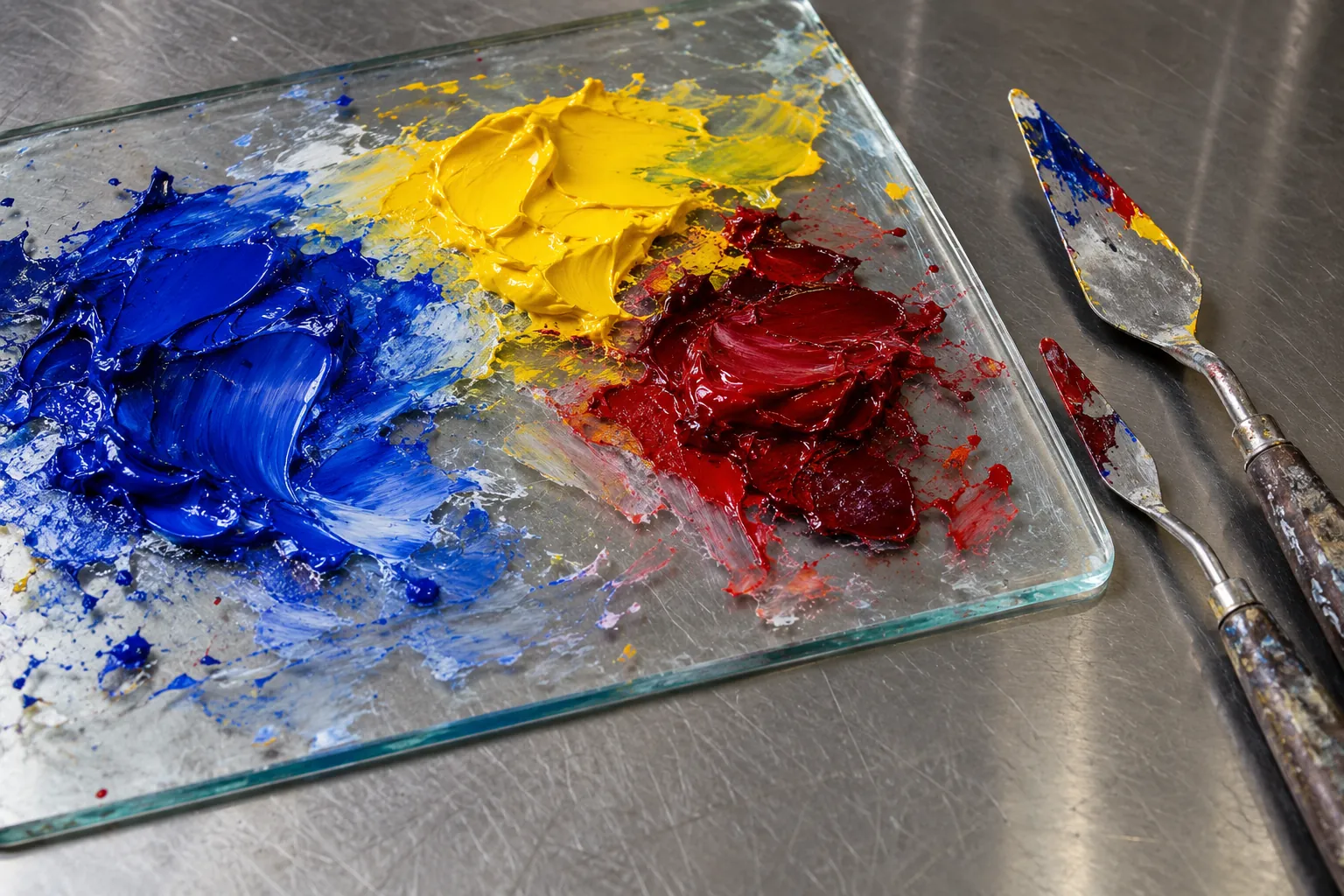 Illustration: A glass mixing palette with distinct pools of cobalt, yellow and crimson paint sits on a stainless counter beside palette knives.