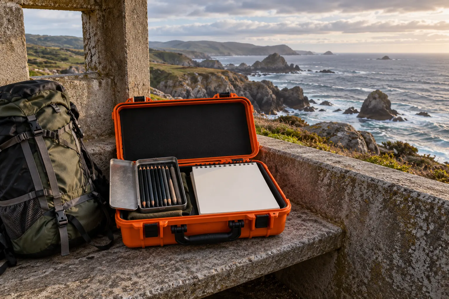 Illustration: A graphite tin and blank sketchpad inside an open orange waterproof case on a concrete shelter seat above rocky coast.