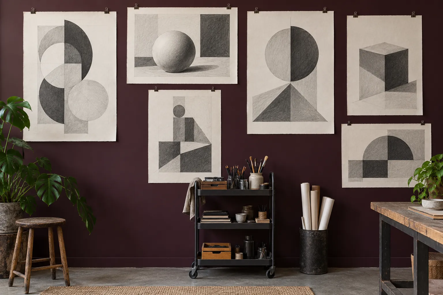 Illustration: Sheets of original geometric graphite shading hang from simple clips on a plum pin wall, a small wheeled supply cart below.